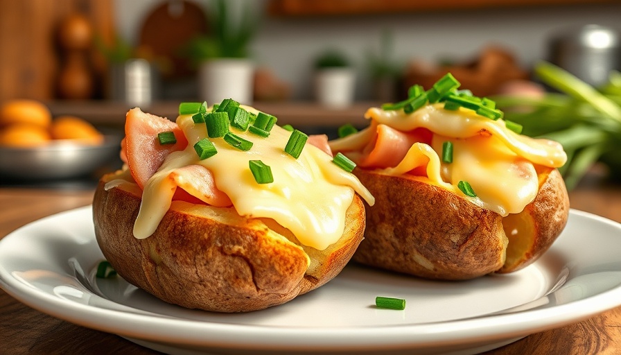 Twice Baked Potatoes with Ham and Swiss topped with chives on a plate.