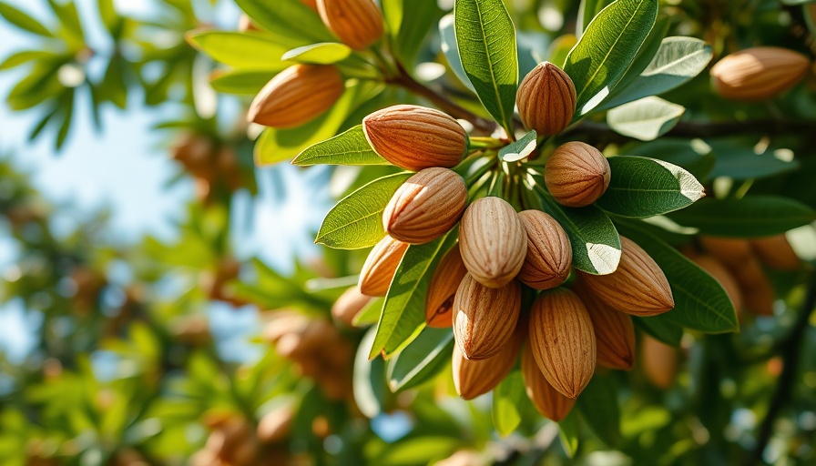 Fresh almonds on tree branch highlighting health benefits of almond oil.