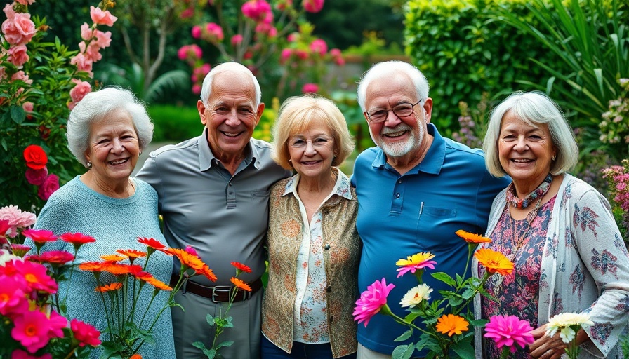 Joyful seniors enjoying time in a vibrant garden setting.