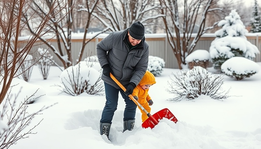 Man and child shoveling snow, avoid injury when snow shoveling.