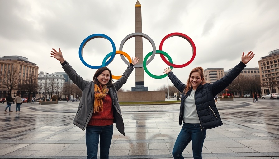 Olympic rings sculpture in city square on a rainy day with people posing.