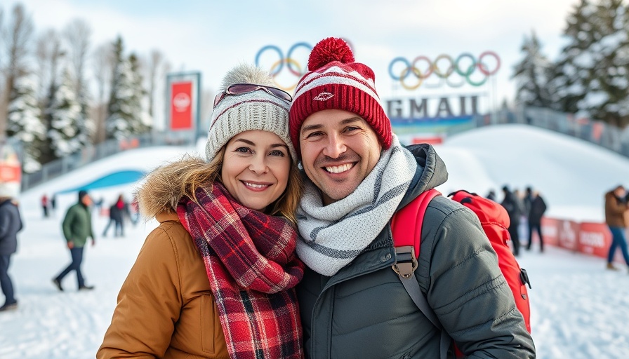 Smiling couple at Olympic sign in snowy setting.