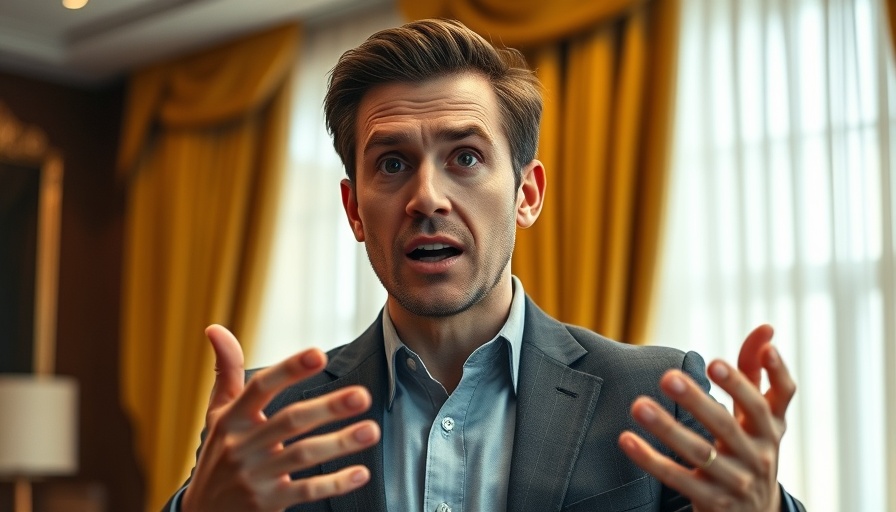 Expressive male speaking energetically on live TV, detailed conference room.