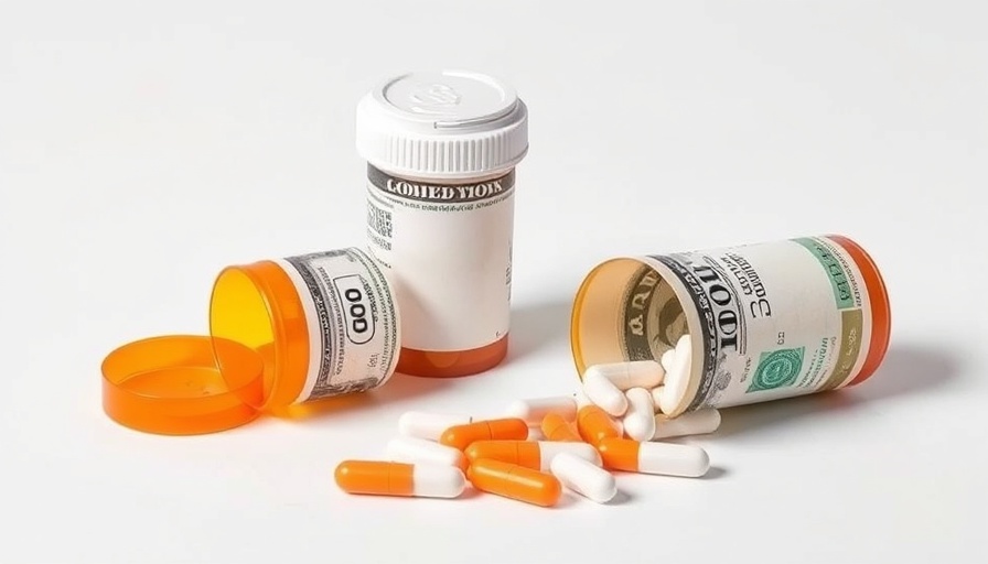 Symbolic image of U.S. drug pricing reform with pill bottles and money.