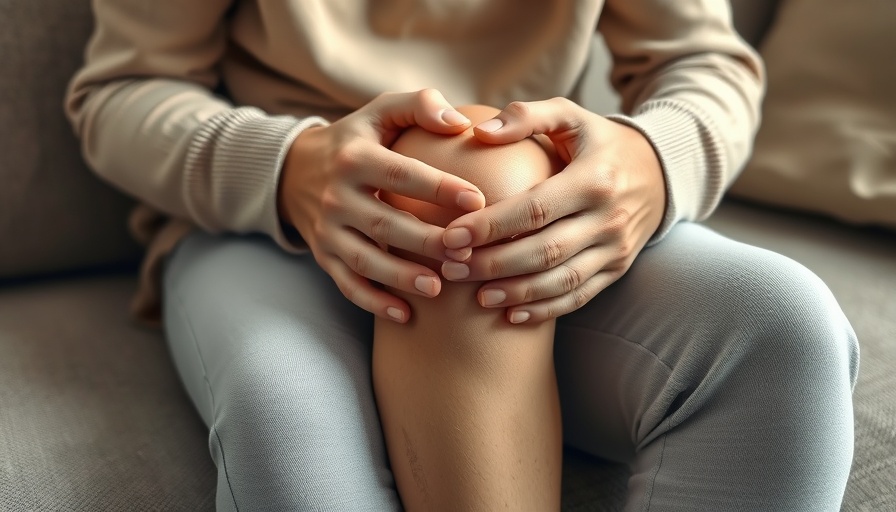 Close-up of hands holding a sore knee, medical marijuana for leg injuries.