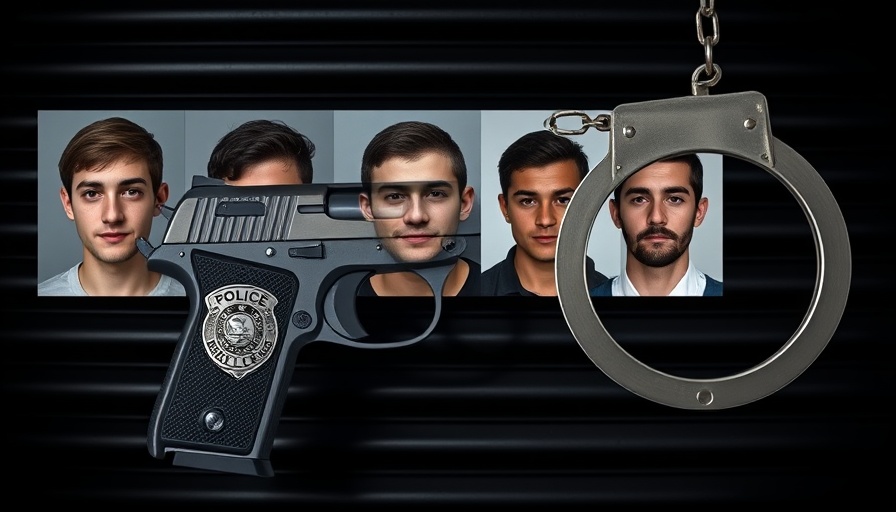 Fall River illegal gun charges: firearm, police badge, portraits of three men.
