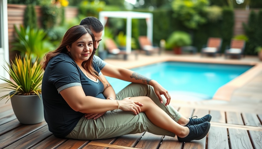 Couple sitting closely on a deck, woman with tattoos, discussing.