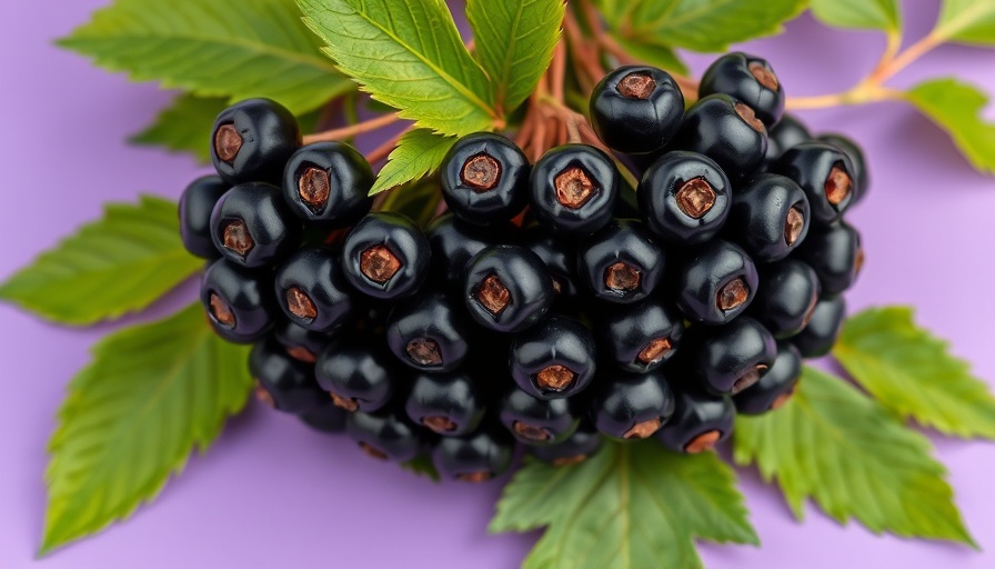 Lush elderberries and leaves on purple background for colds and flu.
