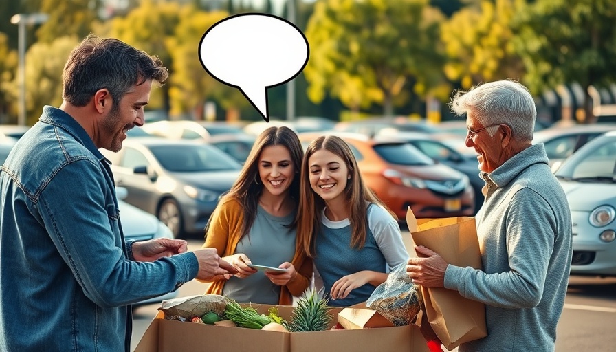 Family unpacking groceries, thought bubbles reveal personal confessions, parking lot.