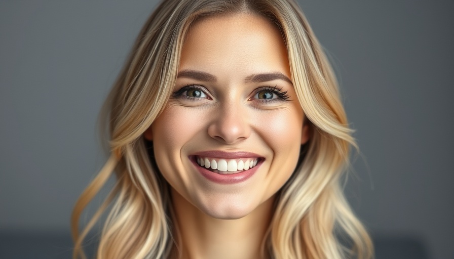 Smiling woman with blonde hair, soft gray background.