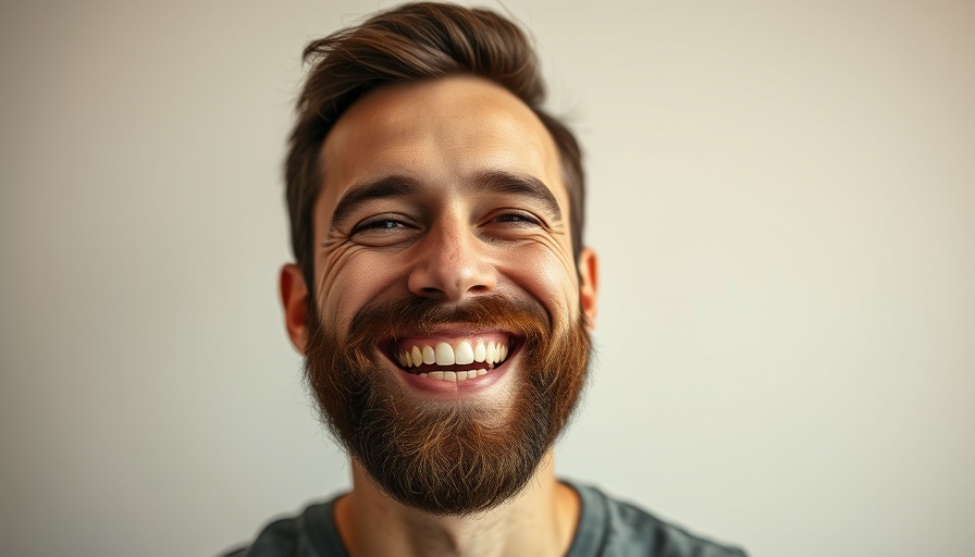 Joyful bearded man smiling peacefully, representing holiday peace.