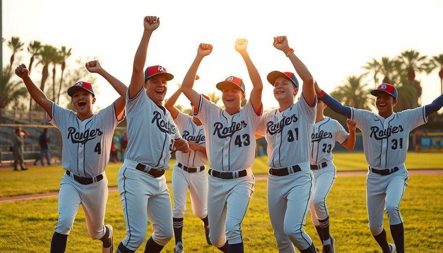 Excited young players at Advance MFG Little League Baseball championship celebrating victory on the field.