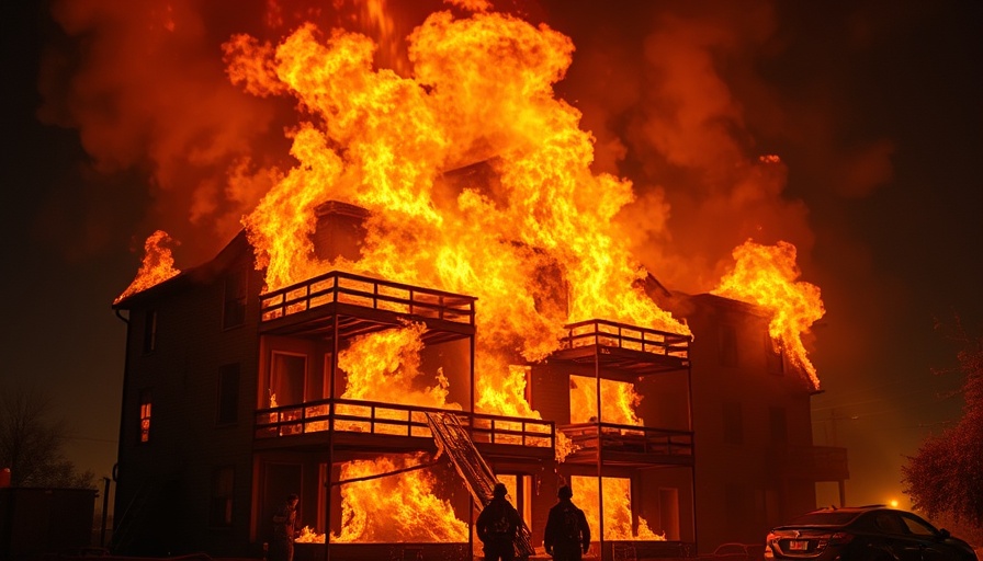 Firefighters battling the Payson Street Fire at night.