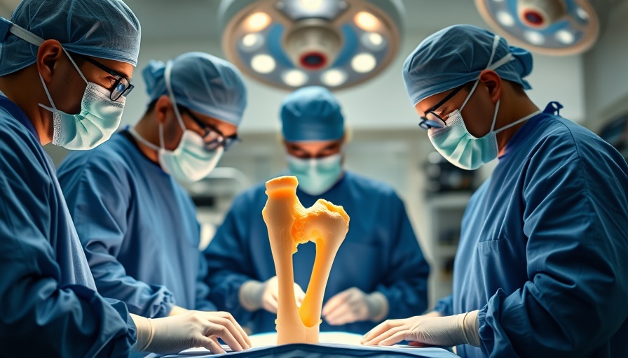 3D-printed femur implant surgery in a bright operating room.