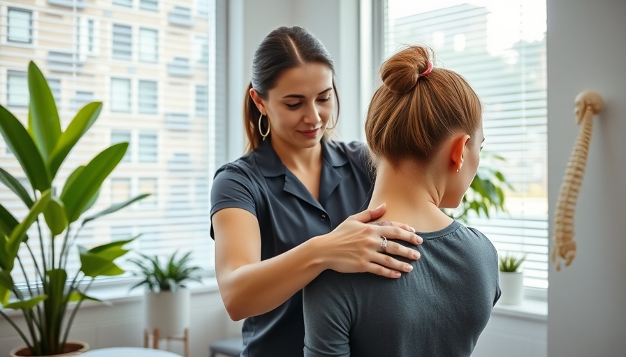 Chiropractor adjusting neck in modern office with spine model.