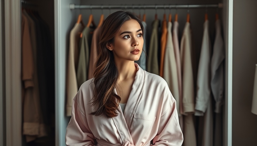 Thinking about what to wear to chiropractor appointments, young woman in robe by wardrobe.