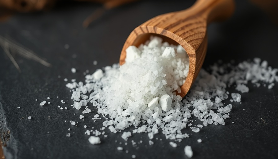 Wooden scoop with potassium chloride salt substitute on slate.