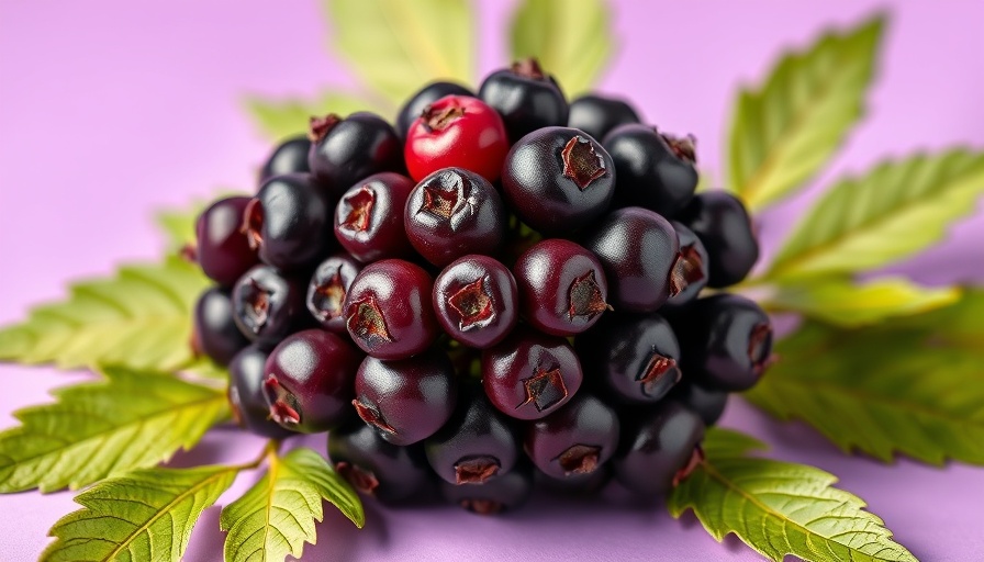 Ripe elderberries and green leaves on a purple background.