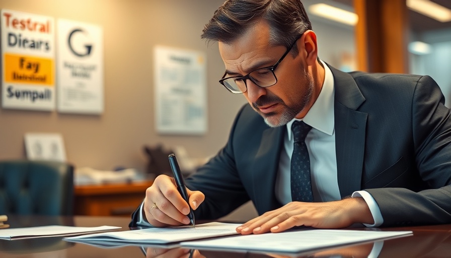 Concentrated man signing document in office with a red hat, rules veterans' treatment.