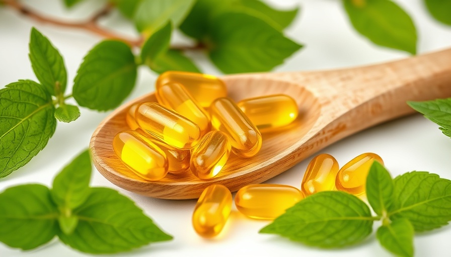 Golden vitamin E capsules and green leaves on a spoon.