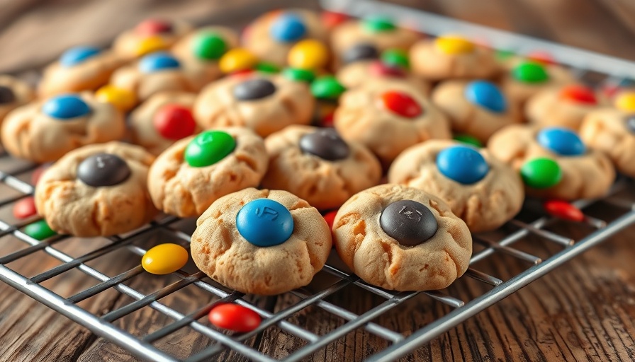Freshly baked soft M&M cookies on a cooling rack.