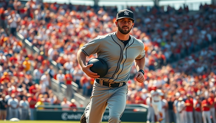Baseball player jogging confidently during game, stadium background.