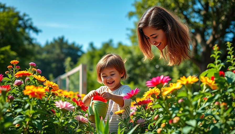 Mother and child watering garden flowers, celebrating summer solstice.