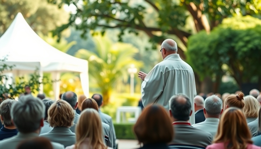 Our Lady of Lourdes Annual Outdoor Mass with priest leading congregation.