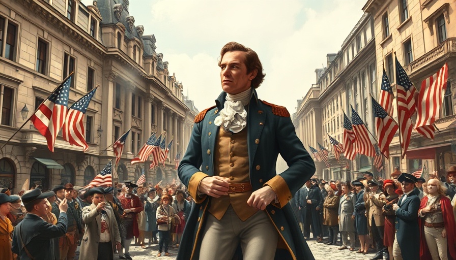 Historic illustration Lafayette visiting America; crowd in old town.