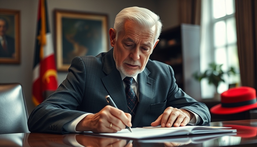 Formal man at desk signing document in an office setting.