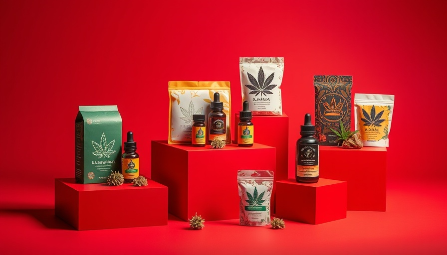 Assorted cannabinoid products artfully arranged on red platforms.