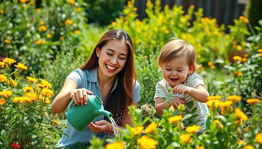 Joyful mother and child watering plants during summer solstice rituals.