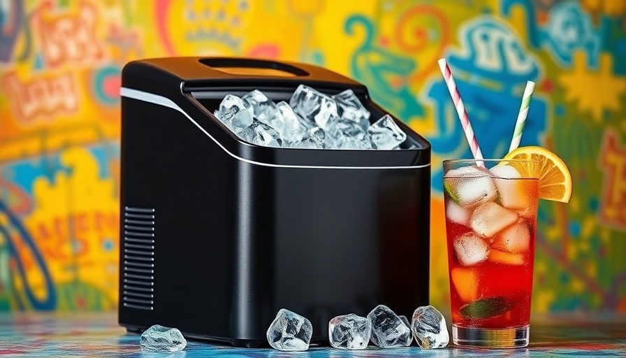 Portable ice maker with ice cubes and drink, vibrant background.