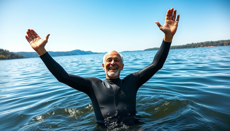 Elderly man celebrating after cold water swim, highlighting benefits.