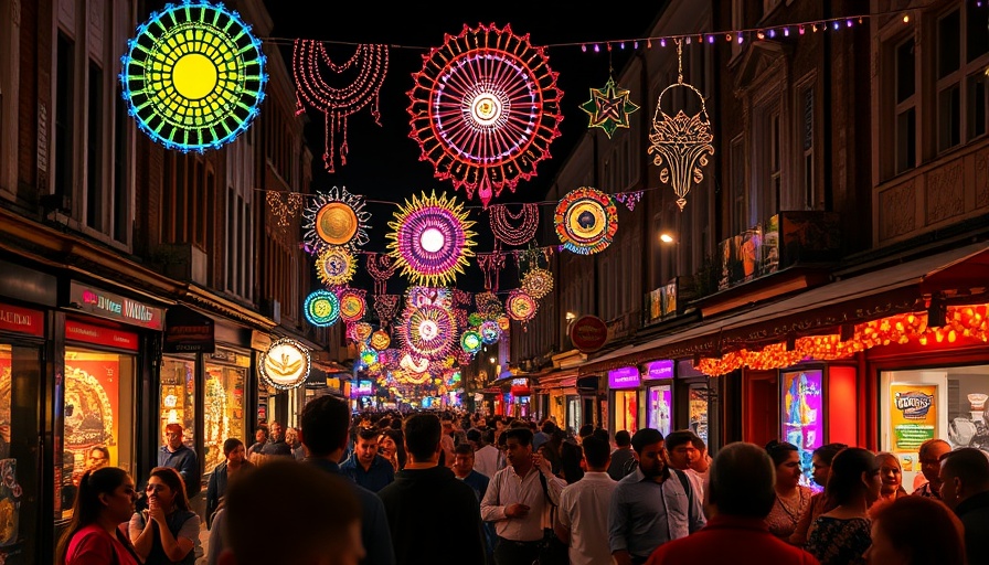 Leicester Diwali celebrations with vibrant lights and crowd