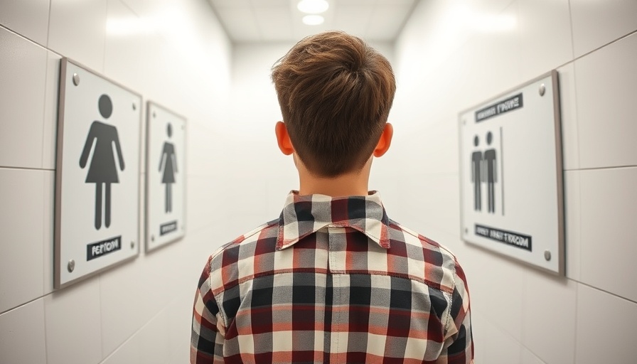Young person facing restroom signs, symbolizing bathroom debate for parents.