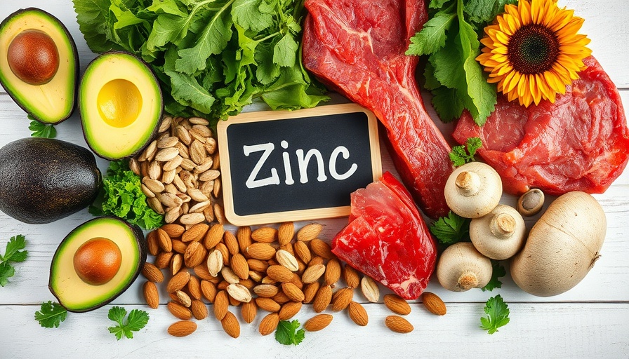 Assorted zinc-rich foods and 'Zinc' chalkboard on wooden table.