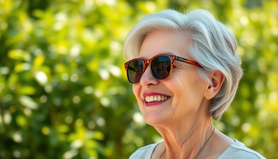 Woman smiling outdoors with sunglasses, greenery background.