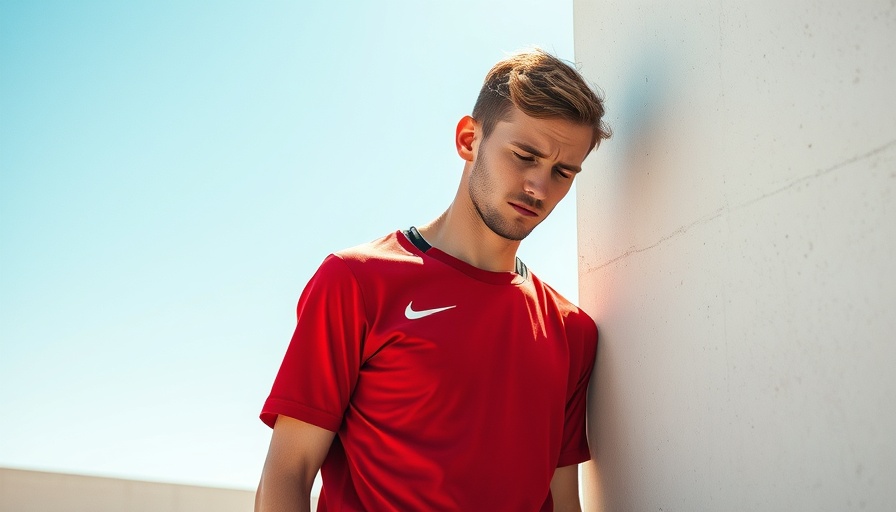 Heat exhaustion: young man in red shirt leaning on wall, exhausted.