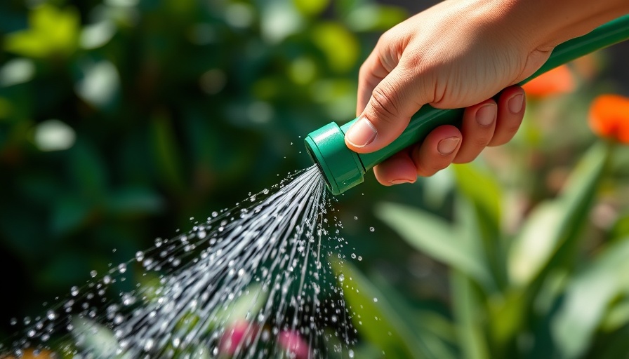 Hand using green hose to spray water, lush background.