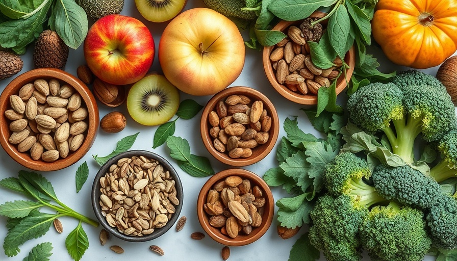 Colorful display of nutrient dense foods with fruits and seeds.