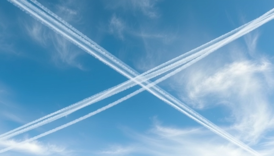 Intricate contrails crossing in a blue sky; Louisiana chemtrail bill.