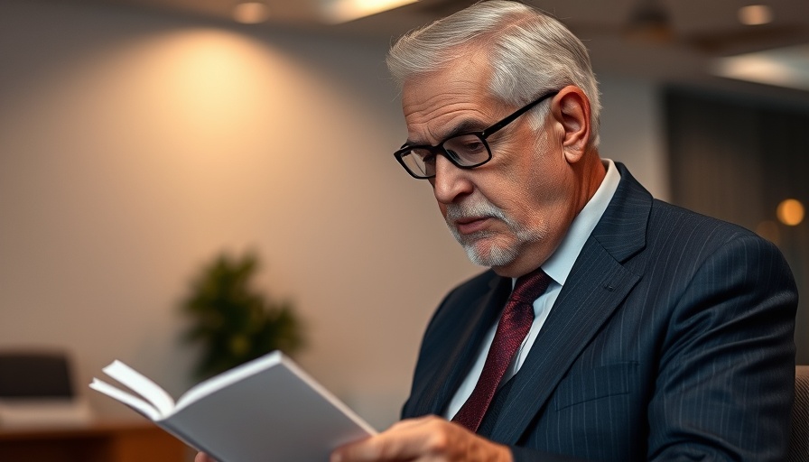 Elderly man in a suit reading about heart attack treatment history in an office.