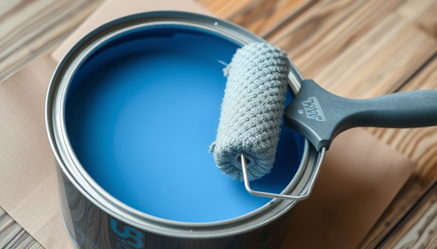 Eco-friendly paint with roller in blue can on cardboard.