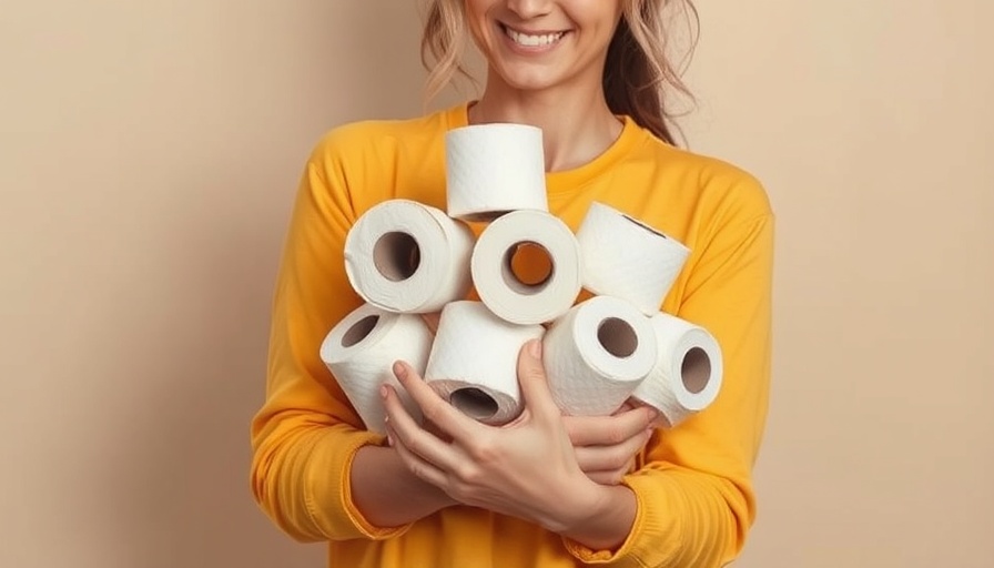 Person with toilet paper highlighting bamboo toilet paper advantages, yellow shirt, neutral background
