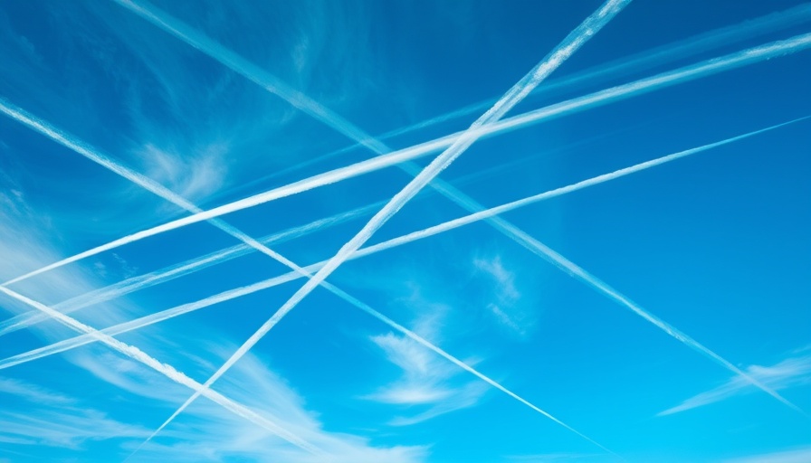 Blue sky with crisscrossing contrails in Louisiana