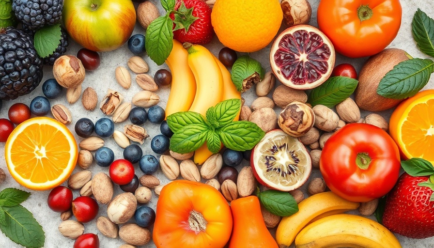 Colorful nutrient dense foods assortment including fruits and nuts.