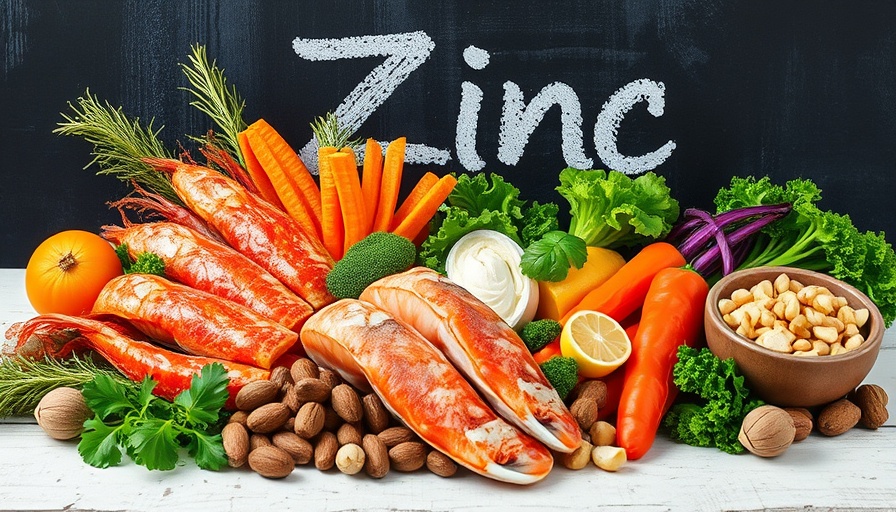 Assorted zinc-rich foods with chalkboard label, showcasing Power of Zinc.