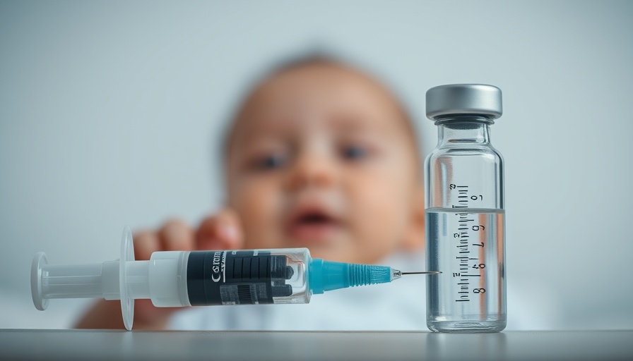 Syringe and vial in focus with blurred baby behind, illustrating vaccines and SIDS.