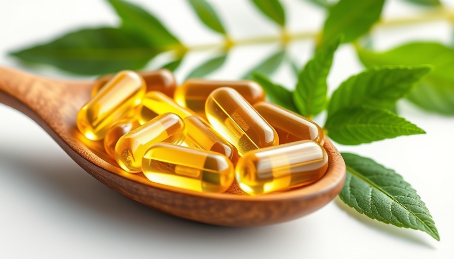 Golden vitamin E capsules and green leaves on white background.